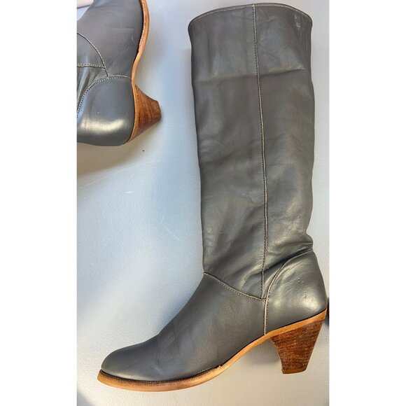 VTG FRYE Tall Leather Heeled Boots Womens 7 Rare Dark Gray - Picture 8 of 12